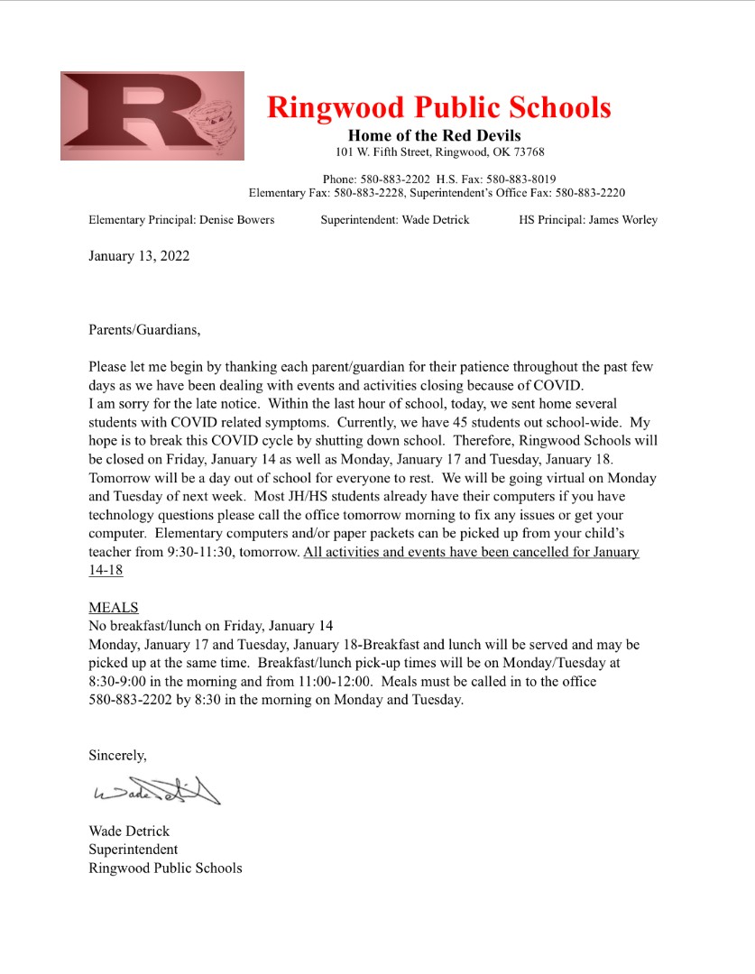 Ringwood Public Schools Ringwood Public Schools Closing Letter 1132022